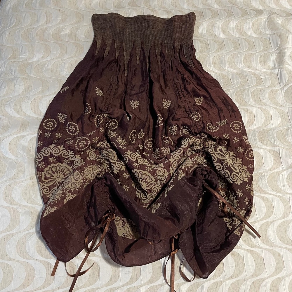 Lapis Brown Paisley Smocked Convertible Strapless Dress or Maxi Skirt One Size